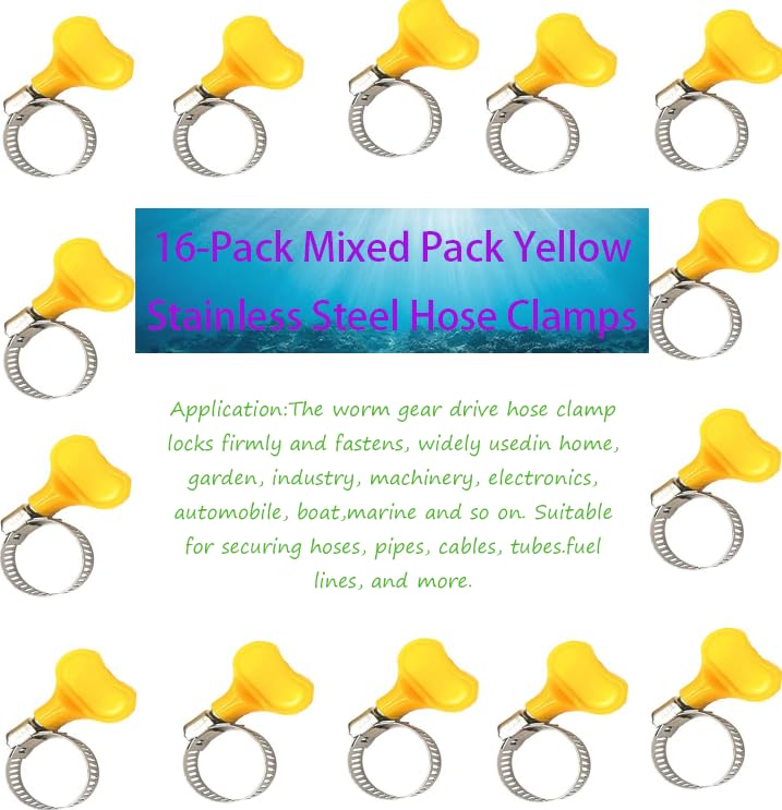 16-Piece Yellow Stainless Steel Hose Clamp Set – Adjustable Thumb Screw Clamps, 8-38mm Range, For Pipes & Hoses - View #14