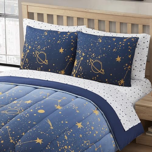 Image of Kids Bedding Set Bed in a Bag for Boys and Girls Toddlers Printed Sheet Set and Comforter, Full, Galaxy