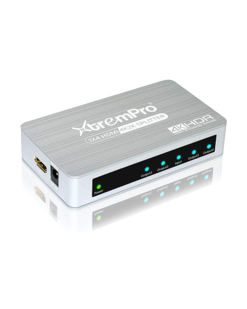 XtremPro 61083/61084 Slim 1x2 Port, 1 Input 2 Output HDMI 2.0 Aluminium 4K 2K 60Hz HDR, HDCP 2.2 Splitter - Silver (61084) (1 x 4)