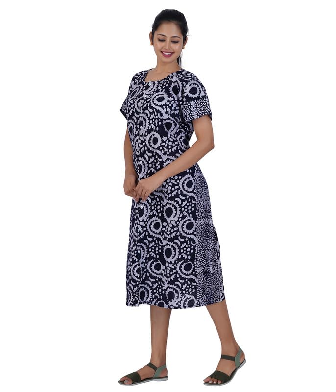 Women's [L- 4XL] Full Open /Front Buttoned [a kind of Adaptive Clothing]Multipurpose Nighty for Maternity/Pregnancy /Elderly /Patient/Feeding /Hospital Purpose Nighty(DarkNavy Batik - XXL/ Calf Length - Image 3 thumbnail