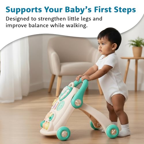 Image of Amazon Brand - Supples Baby Walker with Music, LED Lights & Handle | Push Activity Walker with Water /Sand Tank for Stability | Learning Toy for Toddlers 9+ Months | Beige & Sea Green
