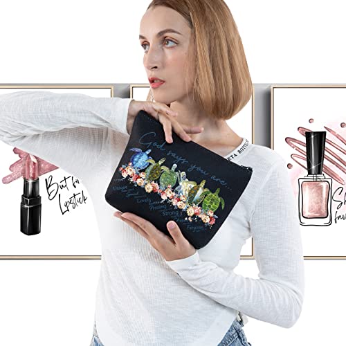 LEVLO Sea Turtle Cosmetic Make Up Bag Turtle Lover Gift God Says You are Unique Special Lovely Chosen Forgiven Makeup Zipper Pouch Bag for Women Girls God Says Turtle Black - Image 3
