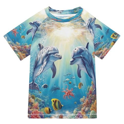 Toddler Boy Rash Guard Short Sleeve Swim Shirt Dolphin Print Rashguard 5-6T Beach Shirts Quick Dry,027
