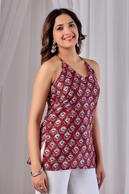 Image of 2STORY Women Halter Neck Top Backless Tunic Short Kurti Sleeveless Printed Stylish Western Ethnic Summer Casual Lightweight Fashion Wear