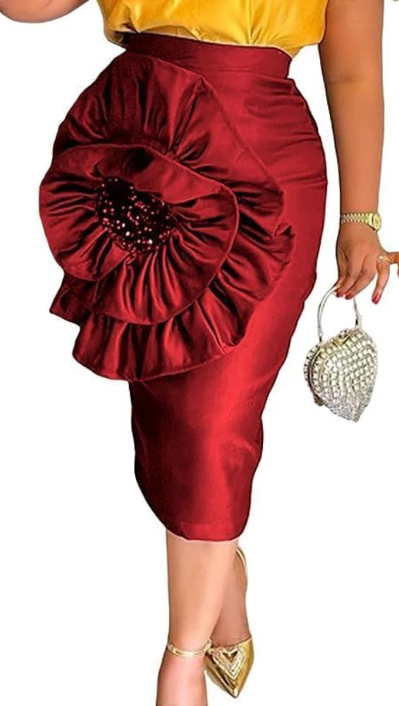 Elegante Mujer Negro Bodycon Falda Midi con Flor Grande Lentejuelas Faldas Ajustadas de Cintura Alta Fiesta Club