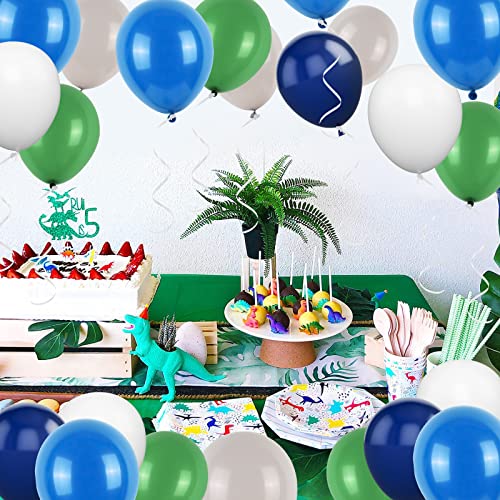Image of Blue Green Balloons Set, 60PCS Green Blue White Birthday Balloons, 12 Inch Navy Blue Dark Green Grey Latex Balloons Helium for Boys Girls Birthday Baby Shower Jungle Safari Dinosaur Party Decorations