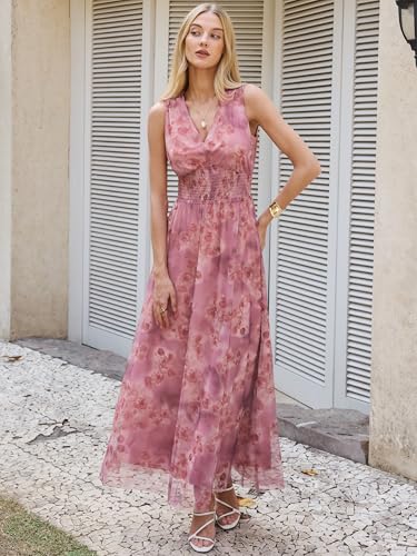 Image of ANRABESS Women's Floral Tulle Wedding Guest Maxi Dress | V Neck Sleeveless,A-Line Elastic Waist,Casual Flowy Formal Boho,Bridal Shower Garden Party Beach Vacation,Summer Fall