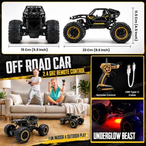 Image of Orange Bear Remote Control Car Toy (1 Year Warranty) Rock Crawler Monster Truck Drift RC Car | Type-C USB | 100+ft Range 2.4GHz Remote | Rechargeable Battery | 2WD Off-Road Climbing Racing Car -Black