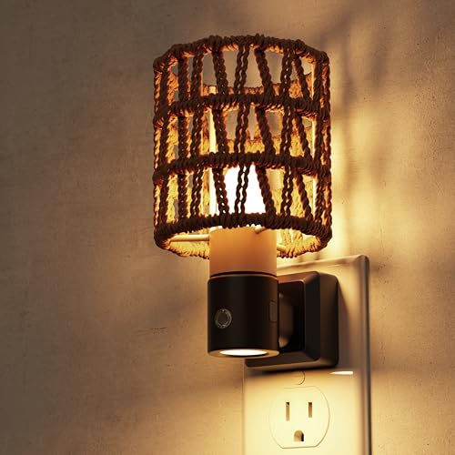 Image of L LOHAS LED Night Lights Plug into Wall, Cylindrical Ironwork Boho Lampshade Decor Night Light, 350 Rotatable Dusk to Dawn Sensor Vintage Nightlight, Dimmable for Bedroom Living Room Hallway
