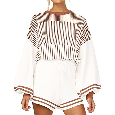 Gihuo Women' s Striped 2 Piece Outfits Crewneck Knit Pullover Sweater Shorts Set, Brown, Large Cover