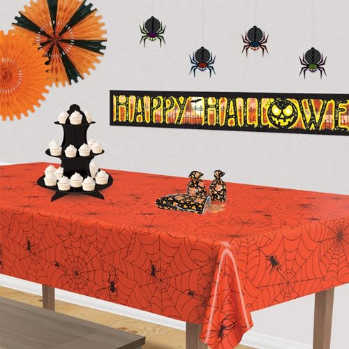 Image of Beistle Spider Web Tablecover, 54 inch x 108 inch- Creepy Cobweb Plastic Rectangular Halloween Tablecloth Decoration for Spooky Party, Haunted House, Or Costume Bash