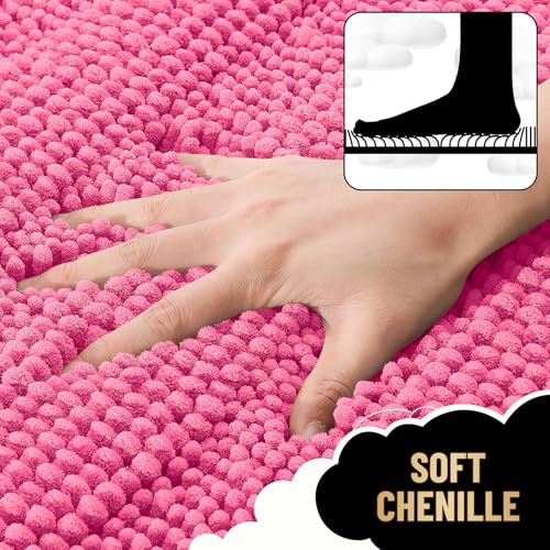 Image of OLANLY Thick Bathroom Runner Rugs 44x24, Extra Absorbent Chenille Striped Bath Rugs, Rubber Backing, Machine Wash Dry, Long Bath Mats for Bathroom, Tub and Shower, Home Decor Accessories, Hot Pink