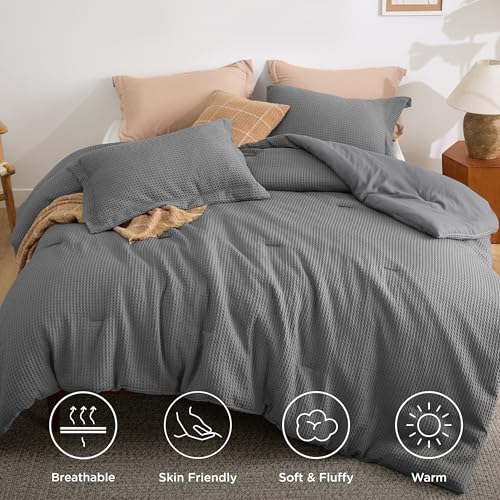 Image of Bedsure Queen Waffle Comforter Set Dark Grey, Soft and Breathable Bedding