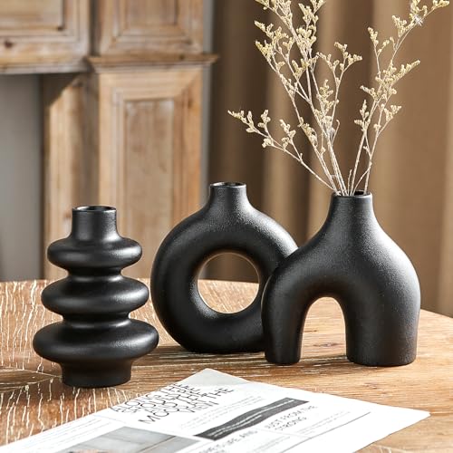 Vase Schwarz Keramik Set von 3, kleine Vasen für Pampasgras Deko,...
