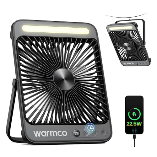 Warmco D4 Pro Ventilateur Camping 20000mAh, 27cm Ultra-fin Ventilateur Rechargeable avec Lumière, Charge Rapide 22,5W, 15-48H Autonomie, Crochet, Timer,...