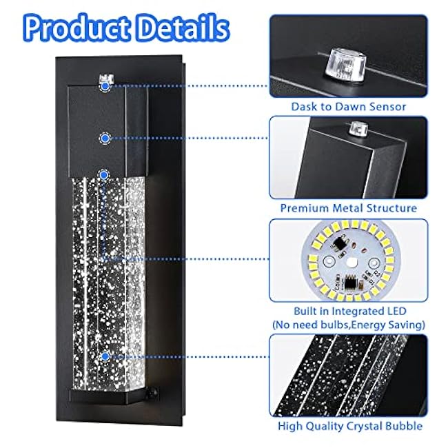 LED Dusk to Dawn Outdoor Light Fixture,2 Pack Modern Exterior Wall Sconce Porch Lights, Outside Wall Mount Lighting with Crystal Bubble Glass 13W 3000K for Front Door Patio