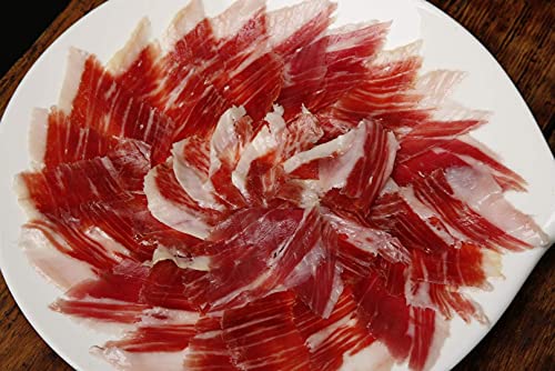 aBeiou 500gr Iberico-Schinkenschulter GESCHNITTEN. Iberico-Schinken +28 Monate in Guijuelo (Salamanca) gereift. Hycer-Garantiezertifikat. Jamon iberico Patanegra. 5 Packungen à 100gr.