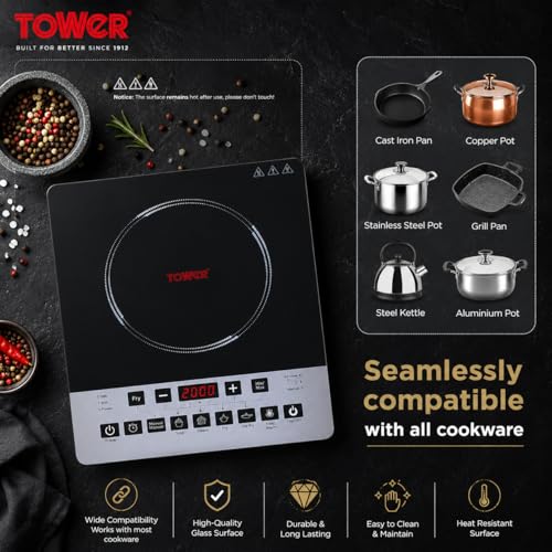 Image of Tower Solace Portable Induction Cooktop 2000W | Single Burner Electric Stove with Touch Control, 11 Cooking Modes & Auto Shut-Off | Energy Efficient | Black