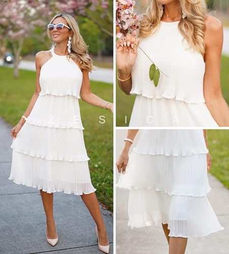 ZESICA Women's 2025 Summer Sleeveless Halter Neck Ruffle Tiered Layed Chiffon Flowy Swing Long Midi Dress,White,Small - Image 5