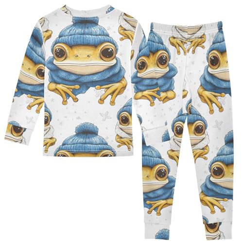 Pajama Sets Long Sleeve Frog Wearing Winter Blue Hat Soft Comfy Sleepwear 2 Piece PJS 3-8T3