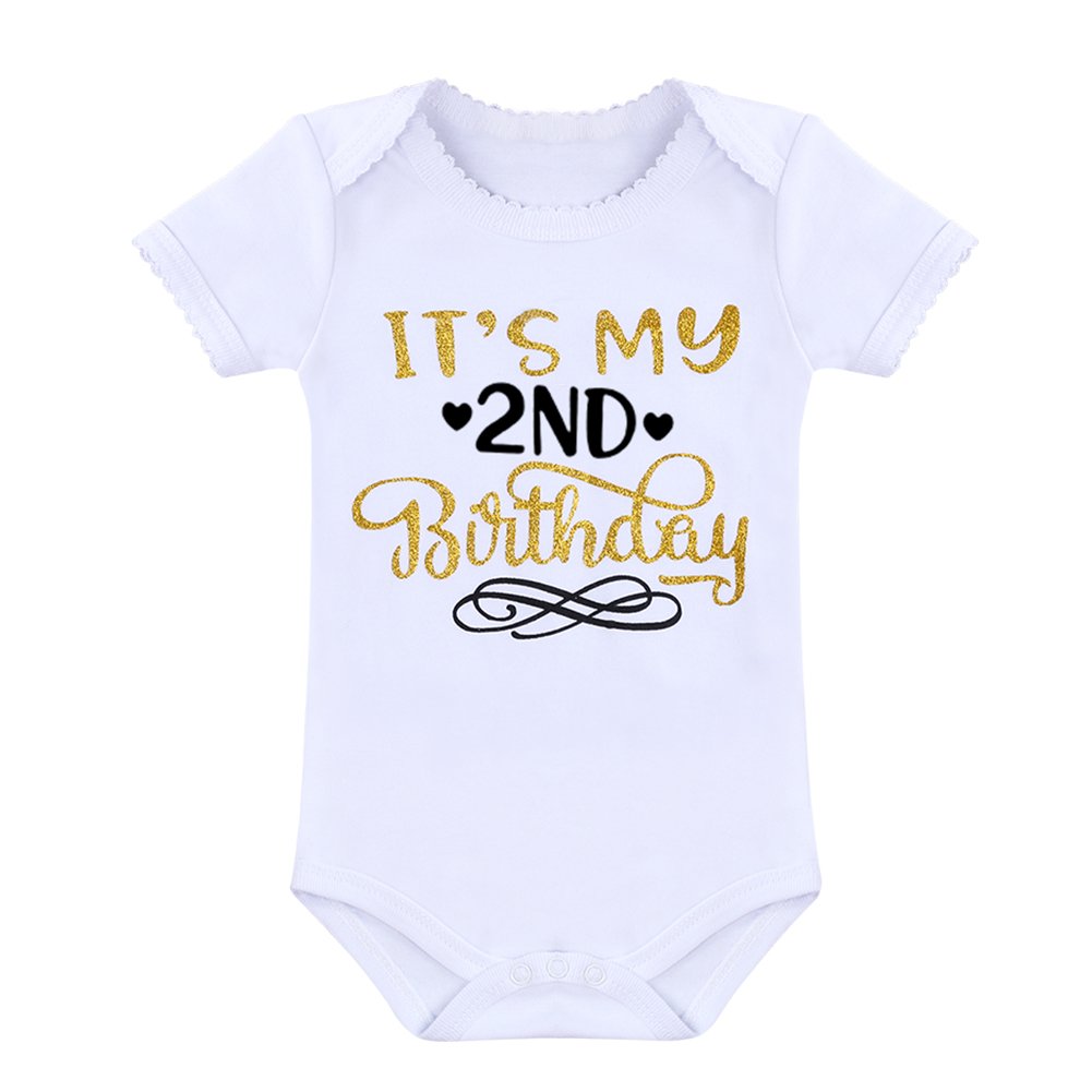 ODIZLI Baby Girls My 2nd Birthday Cake Smash Outfits Short Sleeve Romper Tutu Skirt+Sequin Headband+Leg Warmers