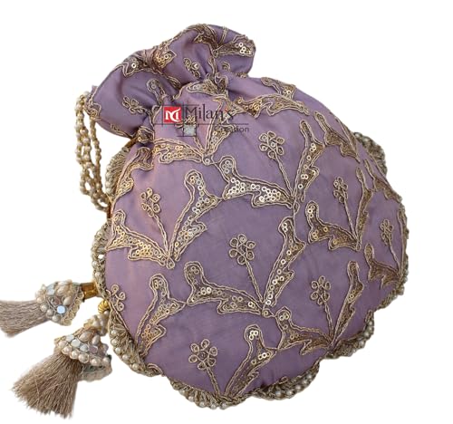 Image of MILAN'S CREATION Fancy Potli Bag Golden Embroidery Shimmer Silk Designer Purse Drawstring Purse With Pearl Handle & Tassel | Ladies Women's Handbag | Party Wedding Festival Giveaways Gift