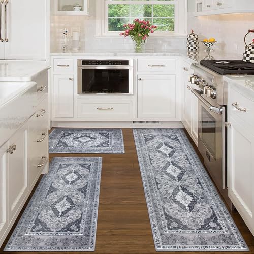Kitchen Rugs Sets of 3 Washable Non Slip Dark Grey Kitchen Mats 3 Piece Set Boho Kitchen Runner Rugs Carpets for Hallway Front Door Dark Grey(50x80cm+50x120cm+50x150cm) - Image 3