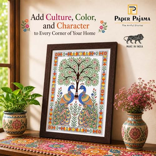 Image of PAPER PAJAMA Peacock Tree of Life Wall Art for Living Room | Madhubani Mithila Folk Painting | Traditional Indian Bird Artwork Framed Home Decor for Bedroom, Office & Hall (10x13 Inches)
