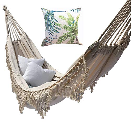 Marfil blanco lona hamaca brasileña doble extra-grandes borlas exterior jardín interior camping portátil crema natural