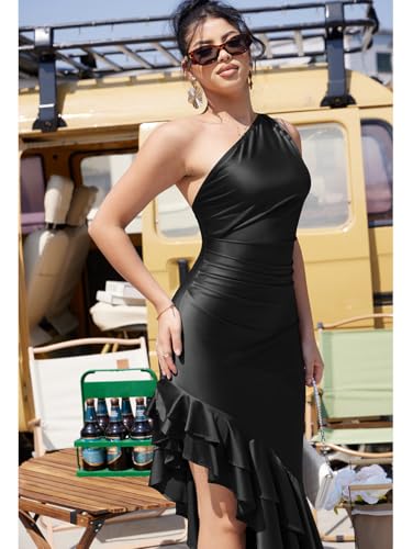LAGSHIAN Women's Elegant One Shoulder Ruched Asymmetric Ruffle Satin Cocktail Party Maxi Dress4
