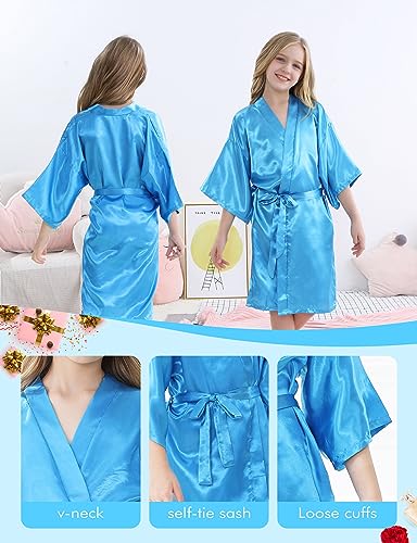 MORFORU 5PACK Girls Kids Solid Color Silky Satin Kimono Robe set for Wedding Spa Birthday Party3