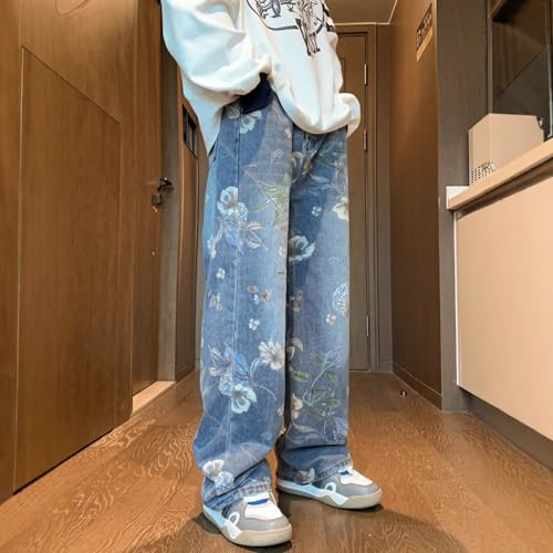 Men's Floral Print Jeans Y2K Street Baggy Denim Pants Casual Straight Loose Jeans with Pockets3
