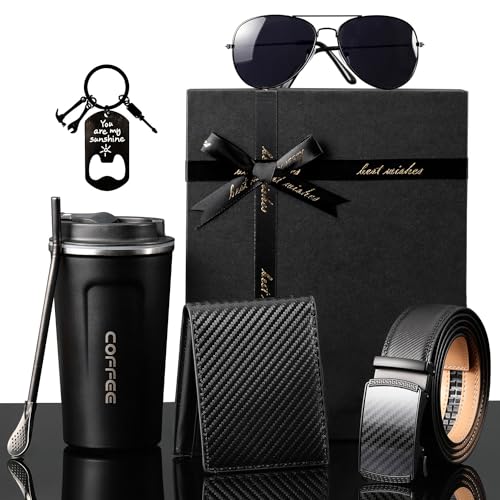 Fathers Day Gifts for Dad 6-Piece Practical Gift Box for Men with Tumbler Wallet Belt Sunglasses Keychain Bottle Opener and Spoon Ready-to-Gift Set for Dad Husband Grandpa