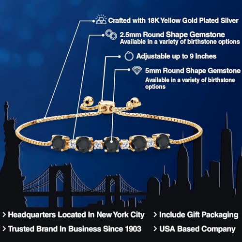 18K Yellow Gold Plated Silver Gemstone Birthstone and White Moissanite Tennis Bracelet for Women | Round 5MM and 2.5MM | Adjustable Bolo Design | Easy-On Easy-Off | Fully Adjustable Up to 9 Inch2