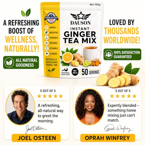 Image of Ginger Tea Powder Mix for Digestion, Detox & Immune Support with Turmeric, Lemon, Licorice Root, Green Tea & Vitamin C, Herbal Tea Blend, Vegan, Caffeine Free, 50 Servings