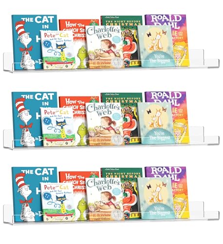 Famyards 36 Inches Clear Acrylic Floating Shelves Wall, Bookshelf for Kids, Nursery Book Shelves, Magazine Rack, Picture Ledge Shelf for Photo Frames Vinyl Records, Pack of 3 by Famyards - Used condition - US$56.99