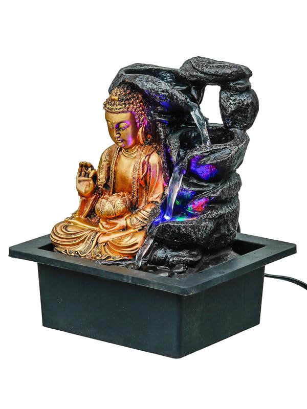 Image of Golden Brown Polyresin Tabletop Buddha 3 Step Indoor Water Fountain for Home Decor with LED, Speed Control Pump (Size: 21 x 18 x 26 CM | Weight: 870Gram)