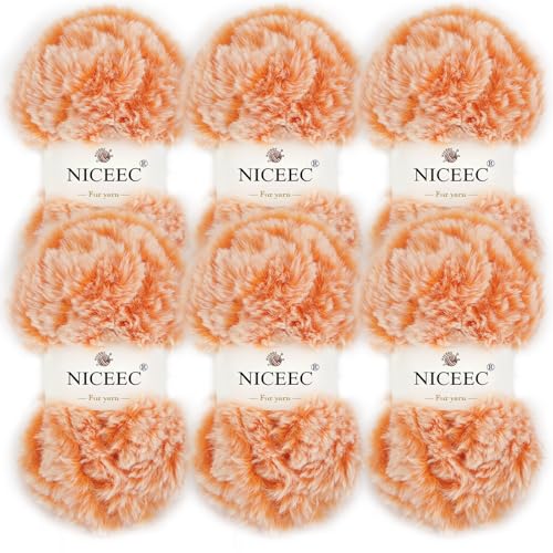 Image of NICEEC Faux Fur Yarn Super Soft, Chunky & Fluffy, Eyelash Yarn for Crochet & Knitting(Total Length 210yds /10.6oz) - Orange /300g