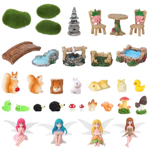 33 Pcs Fairy Garden Supplies Fairy Garden Accessories Miniatures Garden Accessories Outdoor Micro Landscape Decorations Mini Fairy Figures for Dollhouse Succulent Decor Terrarium Potted Plants