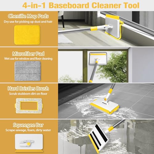 JEHONN Baseboard Cleaner Tool with Handle, 56 inches Base Boards Cleaning Mop Scrubber, 1 Stiff Bristles Brush, 2 Chenille and 2 Microfiber Pads, Wall Duster for Floorboard Ceiling Window (Yellow) by JEHONN - Used condition - Image 3