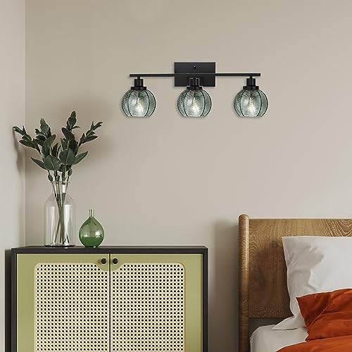 Image of 3-Light Bathroom Light Fixture Green Wall Lights with Ribbed Glass Shade Black Vanity Light Over Mirror Mid Century Wall Sconce for Bedside Bedroom Living Room
