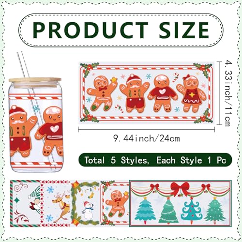 CREATCABIN 5 Sheets Christmas UV DTF Cup Wrap Sticker Xmas Tree Santa Gnome Rub on Transfers Decal Gingerbread Man PVC Waterproof Decals for Glass Cups Crafts 9.44x4.33 Inch - Image 2