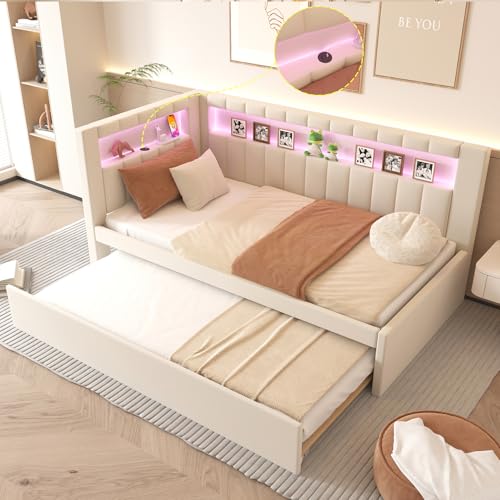 KALALLA Upholstered Twin Size Daybed with Trundle, Day Bed Frame with Storage L-Shaped Headboard USB Ports and LED Belt, No Box Spring Needed for Kids, Girls, Adults - White