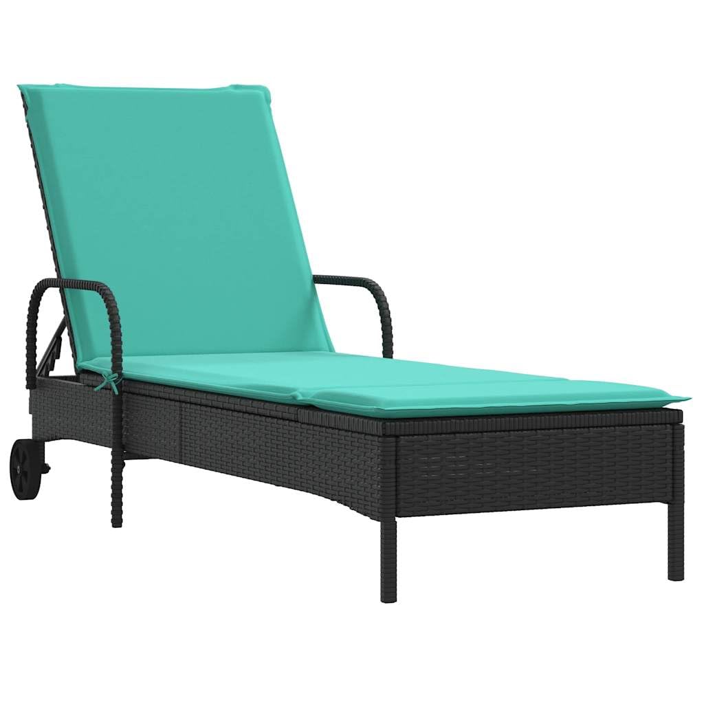 Lettino prendisole con ruote, lettino da giardino in polyrattan con schienale regolabile e comodo cuscino, mobili da giardino per terrazza e balcone, 61 x 200 cm, nero/turchese
