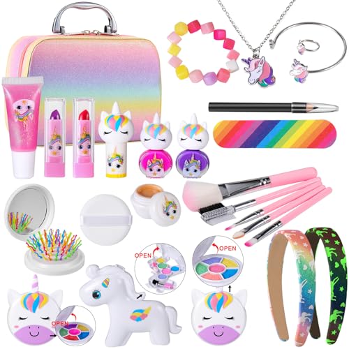 Unicornio Maquillaje para Niñas, Lavable Set de Maquillaje Infantil de 5 6 7 8 9 10+Años Maquillaje de Princesa para Niños Juguetes de Maquillaje con Estuche de Cosméticos Regalos de Cumpleaños