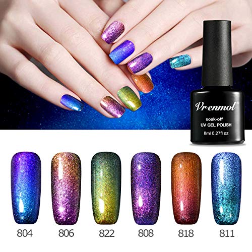 Vrenmol 6 Pcs Soak Off Gel Nail Polish Set, Chameleon Colors Changes Glitter Sparkly UV LED Soak Off Nail Lacquers Kit 8ml