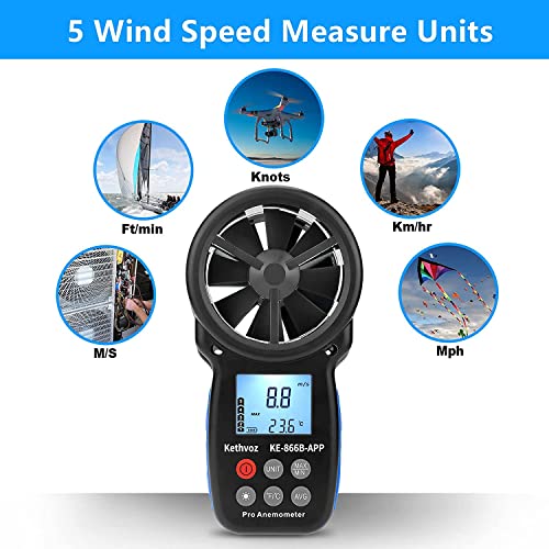 Image of Bluetooth Digital Anemometer, Kethvoz Handheld Wind Speed Meter with Data Logger Measure Air Flow Velocity 0.3~30m /s for Drone Hunting Shooting HVAC Dust Collector