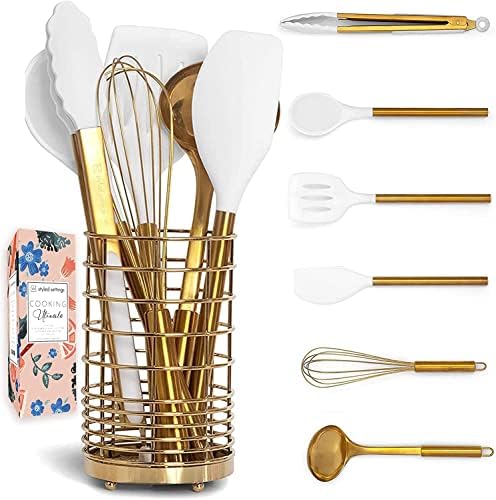 White Silicone and Gold Cooking Utensils Set with Gold Utensil Holder: 17PC Set Includes White & Gold Measuring Cups and Spoons Set,White Utensils Set,Gold Spatula,Gold Whisk -Gold Kitchen Accessories