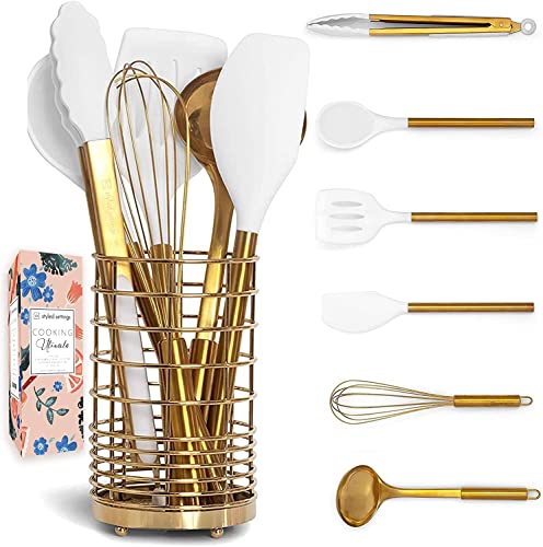 White Silicone And Gold Cooking Utensils Set With Gold Utensil Holder: 17Pc Set Includes White & Gold Measuring Cups And Spoons Set,White Utensils Set,Gold Spatula,Gold Whisk -Gold Kitchen Accessories #TOP9