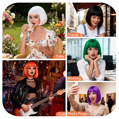 Image of 2 Pack Colored Bob Wigs and Heart Sunglasses Set, Green Orange Short Straight Bob Wig with Bangs Neon Party Colorful Synthetic Hair for Women Men Halloween Costume Bachelorette Party Favors